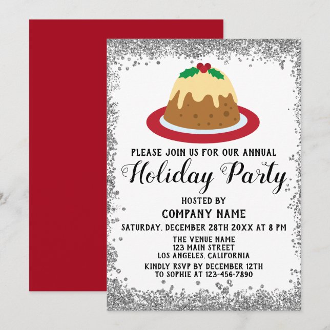 Invitation Société de pudding de Noël Fête de vacances Rouge  (Devant / Derrière)