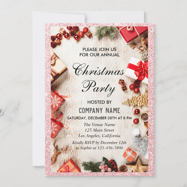 Invitation Société festive Soirée de Noël Rose Gold Pailleté (Devant)