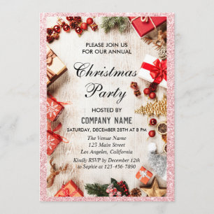 Invitation Société festive Soirée de Noël Rose Gold Pailleté