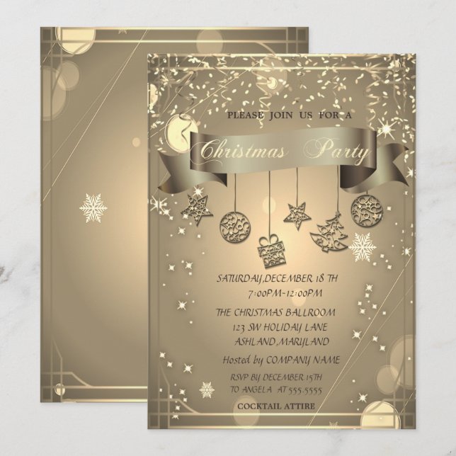 Invitation Société Gold Christmas Ornaments Fête de Noël (Devant / Derrière)