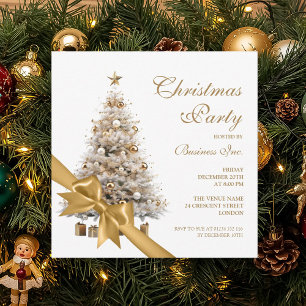 Invitation Société Gold Christmas Tree & Bow Holiday Party