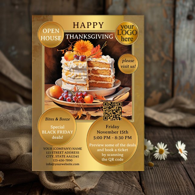 Invitation Société Thanksgiving Black Friday Open House (Thanksgiving Black Friday open house invitation featuring a cake with fall flowers and fruits + QR)