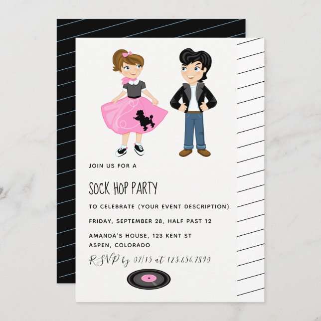 Invitation Sock Hop Kids Rock and Roll Retro Party (Devant / Derrière)