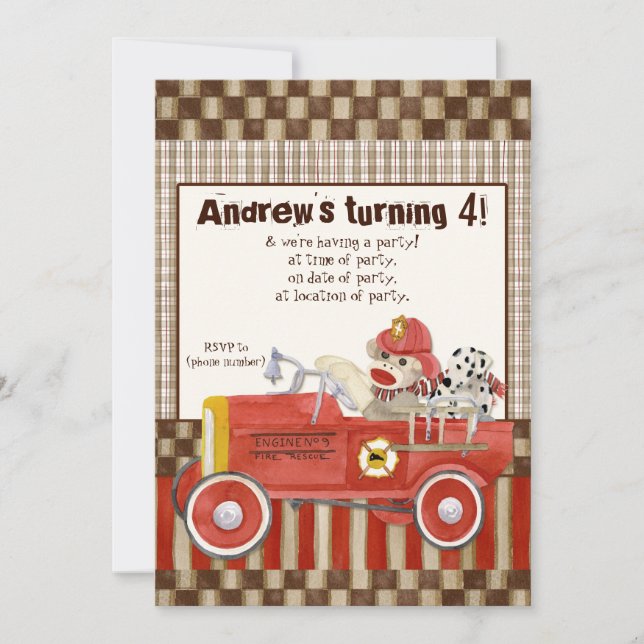 Invitation Sock Monkey, Fire Truck Boy Birthday Party Invitat (Devant)