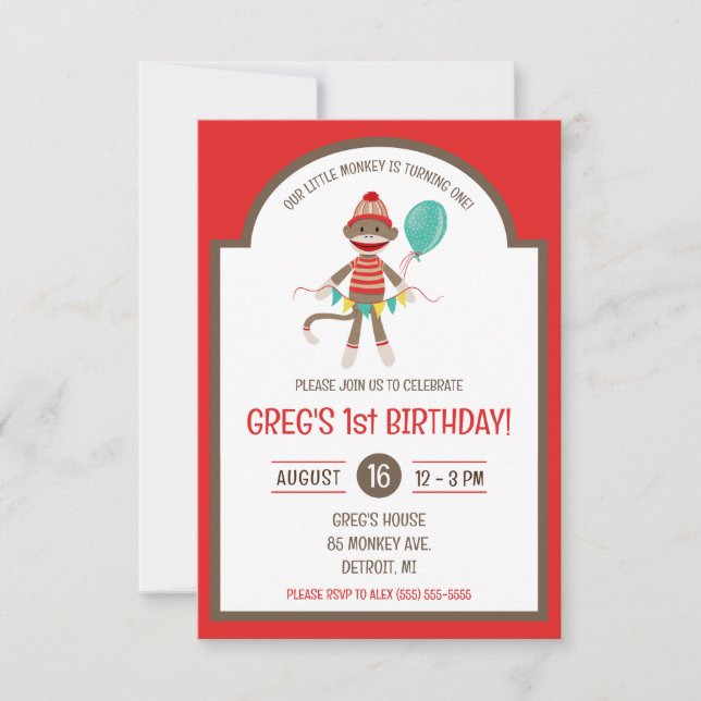 Invitation Sock Monkey with Balloon and Banner Birthday Party (Devant)