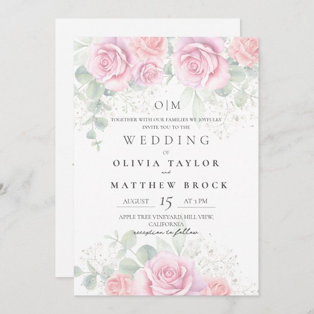 Invitation Soft and Elegant Blush Pink Roses Wedding (Devant / Derrière)