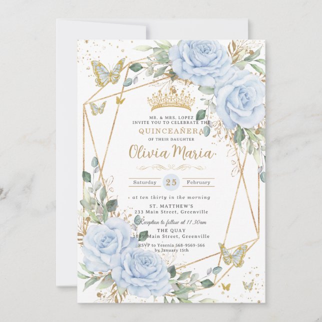 Invitation Soft Baby Blue Floral Butterflies Gold Quinceanera (Devant)