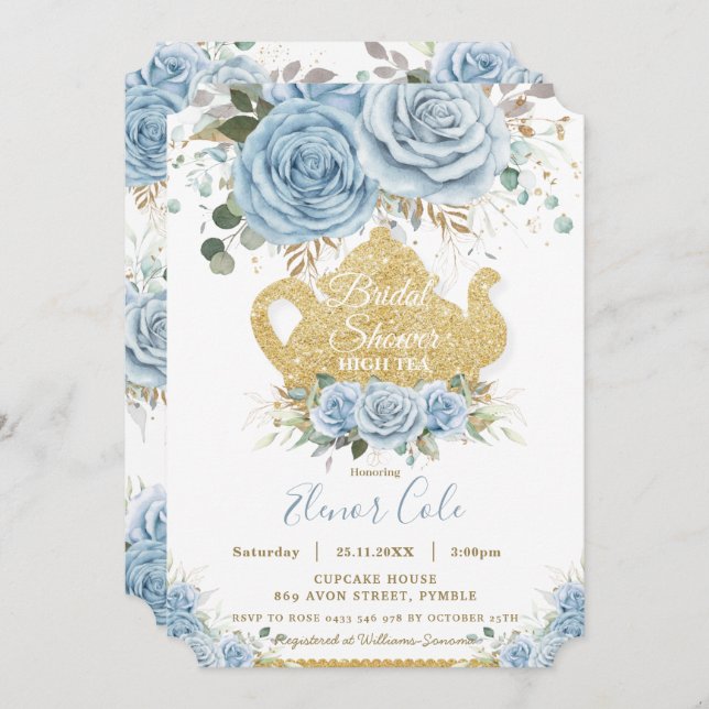Invitation Soft Baby Blue Floral Fête des mariées High Tea Pa (Devant / Derrière)
