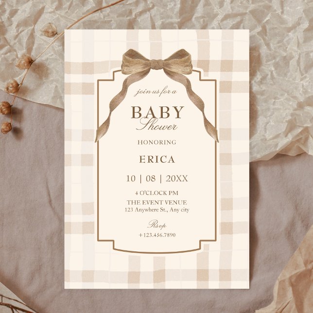 Invitation Soft beige brown bow tartan plaid baby shower (Créateur téléchargé)