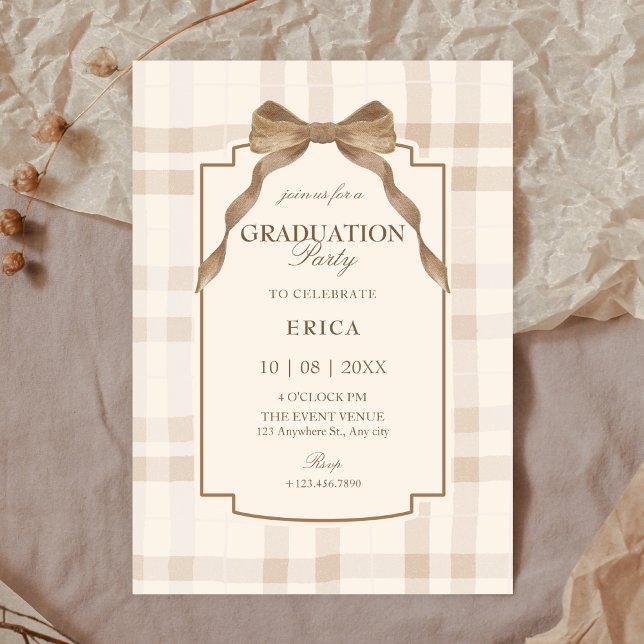 Invitation Soft beige brown bow tartan plaid graduation (Créateur téléchargé)