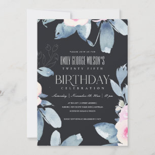 Invitation SOFT BLACK BLEU BLEU FLORAL 25e TOUT ÂGE ANNIVERSA