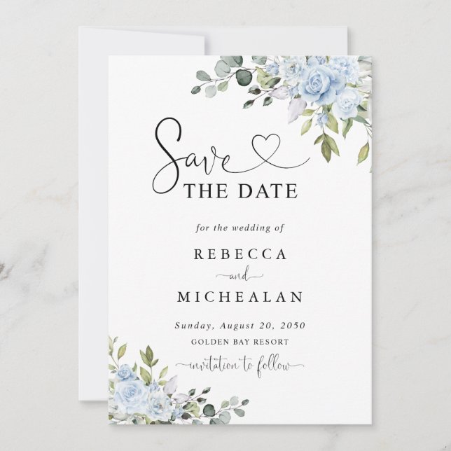 Invitation Soft Blue Botanical Wedding Save The Date (Devant)