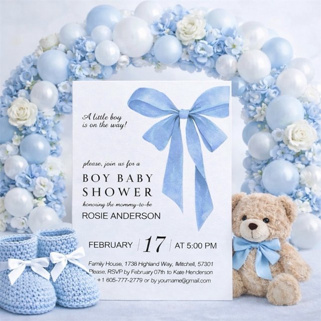 Invitation Soft Blue Bow Boy Baby Shower (Soft Blue Bow Boy Baby Shower Invitation)