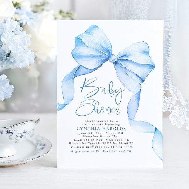 Invitation Soft Blue Bow mignon Baby shower bébé garçon (Blue Bow Ribbon Boy Baby Shower Invitations)