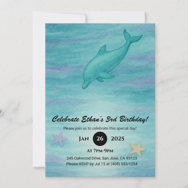 Invitation Soft Blue Dolphin & Starfish Ocean Birthday  (Devant)