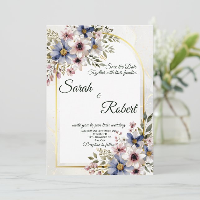 Invitation Soft Blue Pink Floral Frame Elegant Wedding Invite (Debout devant)