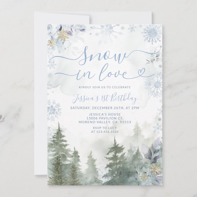 Invitation Soft Blue Snowflake In Love Winter Forest Birthday (Devant)
