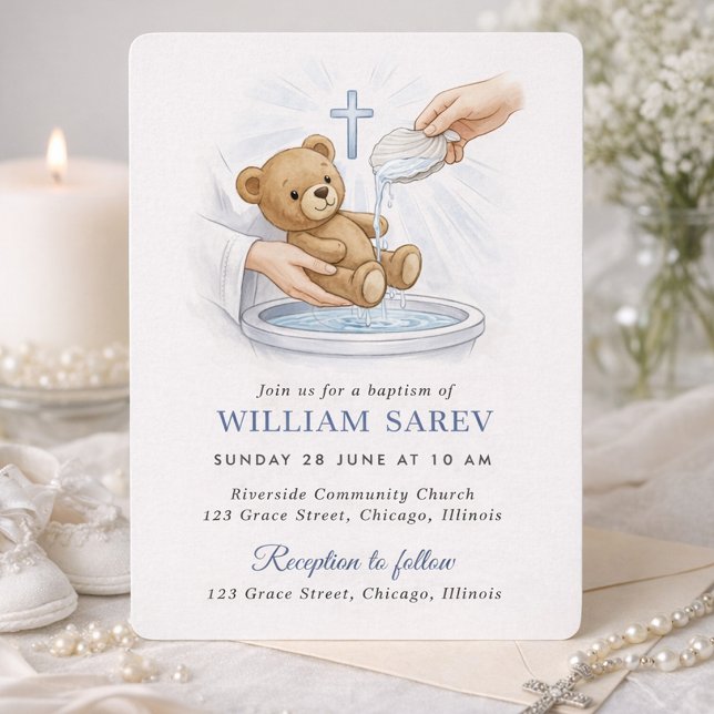 Invitation Soft Blue Teddy Bear Baptism  (Créateur téléchargé)