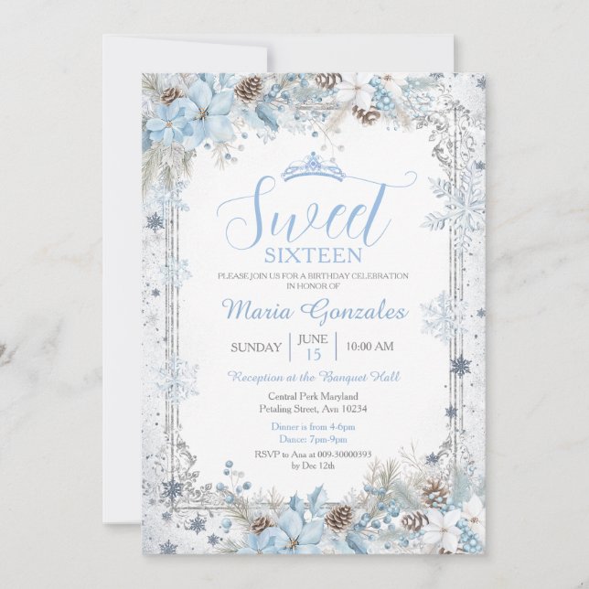 Invitation Soft Blue Winter Floral Christmas Sweet Sixteen (Devant)