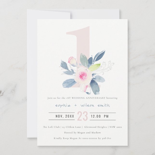 Invitation SOFT BLUSH BLEU FLORAL 1er TOUTE ANNIVERSAIRE ANNÉ (Devant)
