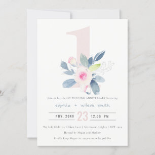 Invitation SOFT BLUSH BLEU FLORAL 1er TOUTE ANNIVERSAIRE ANNÉ