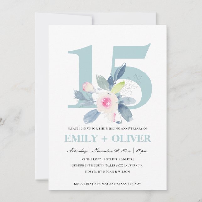 INVITATION SOFT BLUSH BLUE FLORAL 15E TOUTE ANNÉE ANNIVERSAIR (Devant)