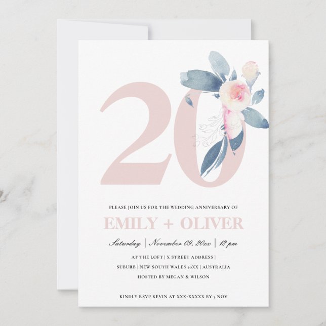 INVITATION SOFT BLUSH BLUE FLORAL 20E TOUTE ANNÉE ANNIVERSAIR (Devant)