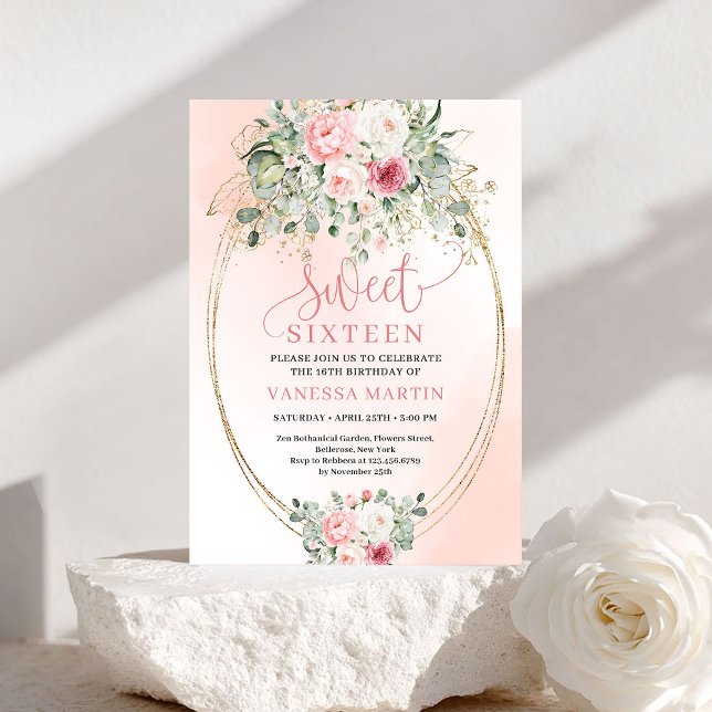 Invitation Soft Blush Floral Greenery Sweet Sixteen Invitatio (Soft Blush Floral Greenery Sweet Sixteen Invitation)