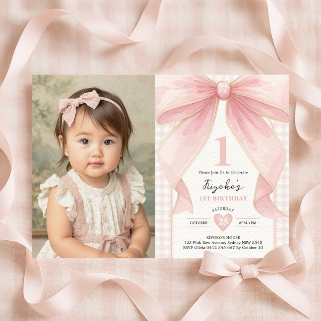 Invitation Soft Blush Pink Bow Coquette Theme 1st Birthday (Créateur téléchargé)