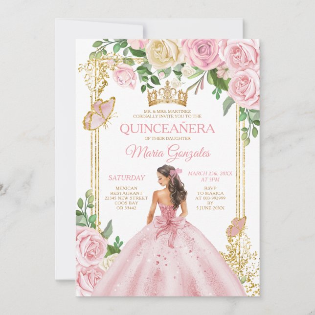 Invitation Soft Blush rose Couronne Princesse fille Quinceañe (Devant)