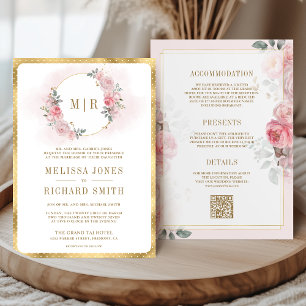 Invitation Soft Blush Rose Floral Or tout en un seul Mariage