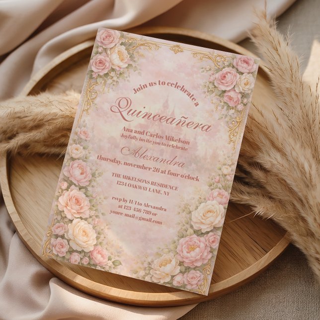 Invitation Soft Blush Rose Garden Quinceañera (Créateur téléchargé)