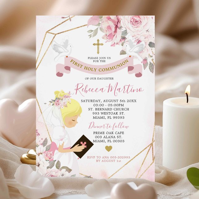Invitation Soft Blush Rose Rose Blonde Fille Première Communi (Créateur téléchargé)