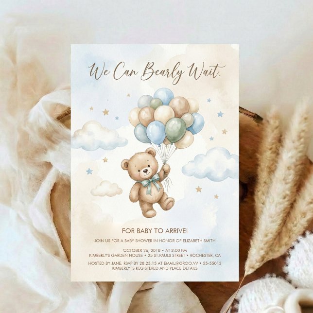 Invitation Soft Brown and Sage Balloon Teddy Bear Baby Shower (Créateur téléchargé)
