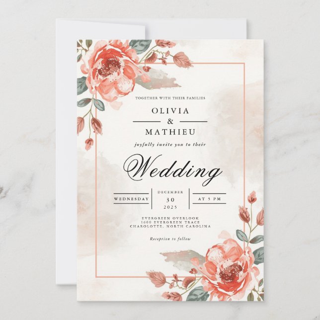 Invitation Soft Coral Floral Archway Wedding (Devant)