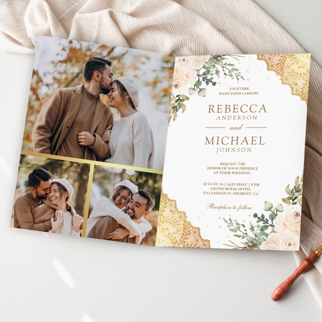 Invitation Soft Cream Roses Gold Lace QR Code Wedding (Créateur téléchargé)