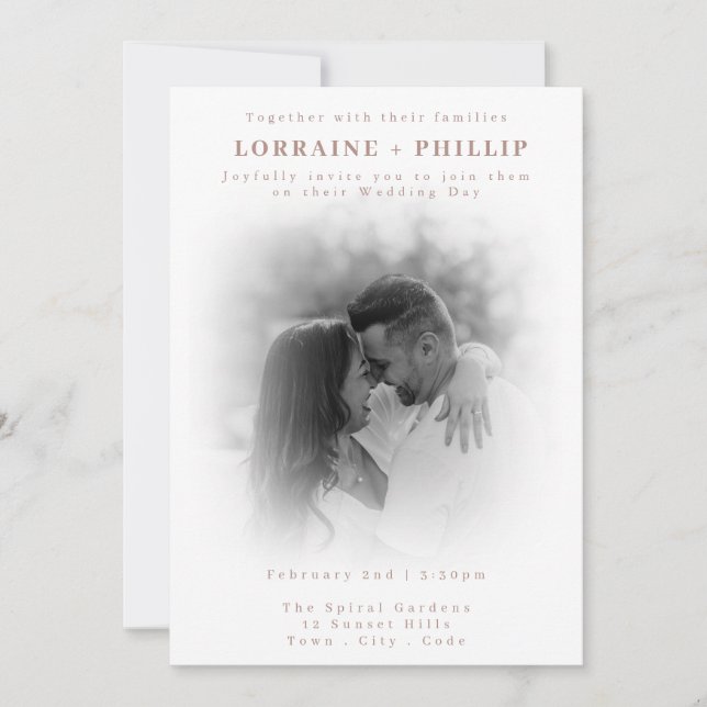 Invitation Soft Fade noir et blanc mariage photo romantique (Devant)