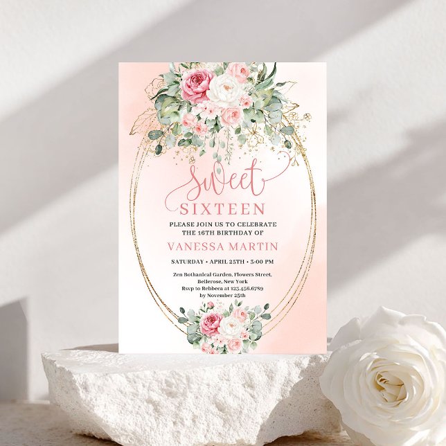 Invitation Soft Gold Blush Roses Sweet Sixteen Party Invite (Soft Gold Blush Roses Sweet Sixteen Party Invite)