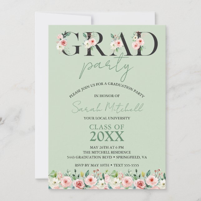 Invitation Soft Green Floral Graduation Party (Devant)
