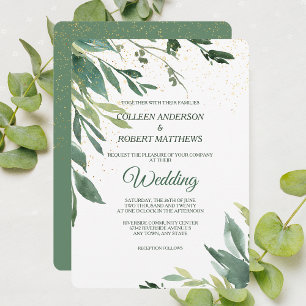 Invitation Soft Green Leaves Gold Confetti Modern Wedding