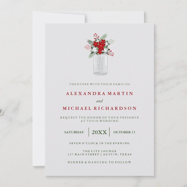 Invitation Soft Grey Winter Holiday Mason Jar Mariage (Devant)