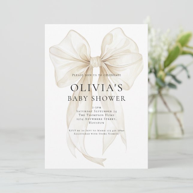 Invitation Soft Ivory Bow Text Overlay Baby Shower (Debout devant)