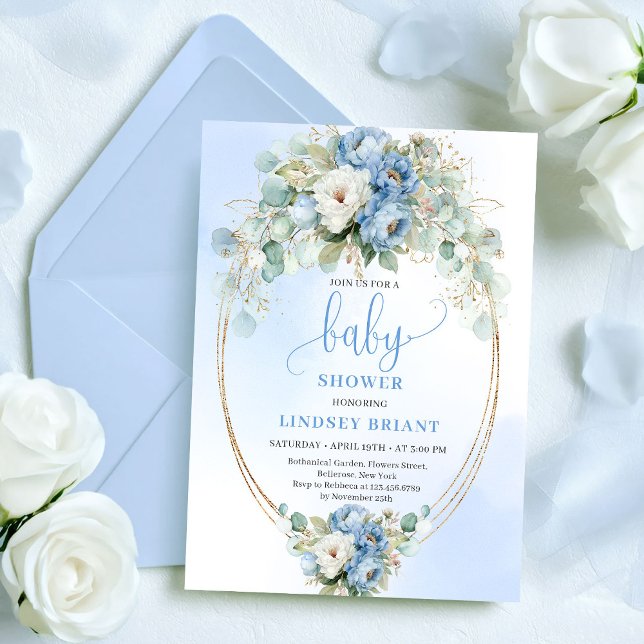 Invitation Soft Light Blue Peonies Greenery Gold Baby Shower (Soft Light Blue Peonies Greenery Baby Shower Invitation)