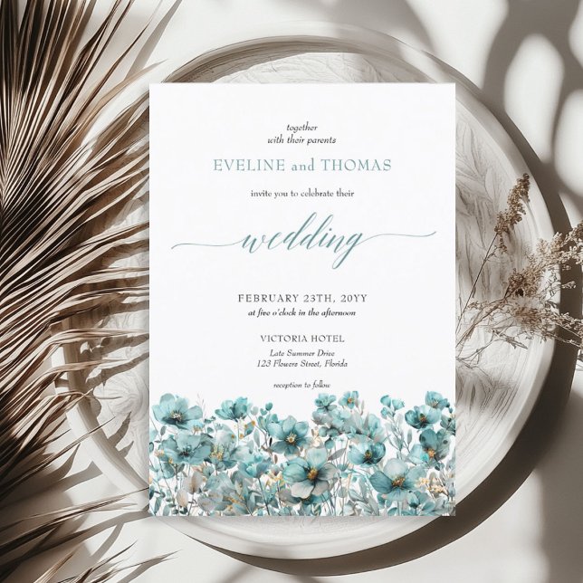 Invitation Soft minimaliste boho été fleurs sauvages turquois (Soft minimalist boho summer turquoise wildflowers invitation)