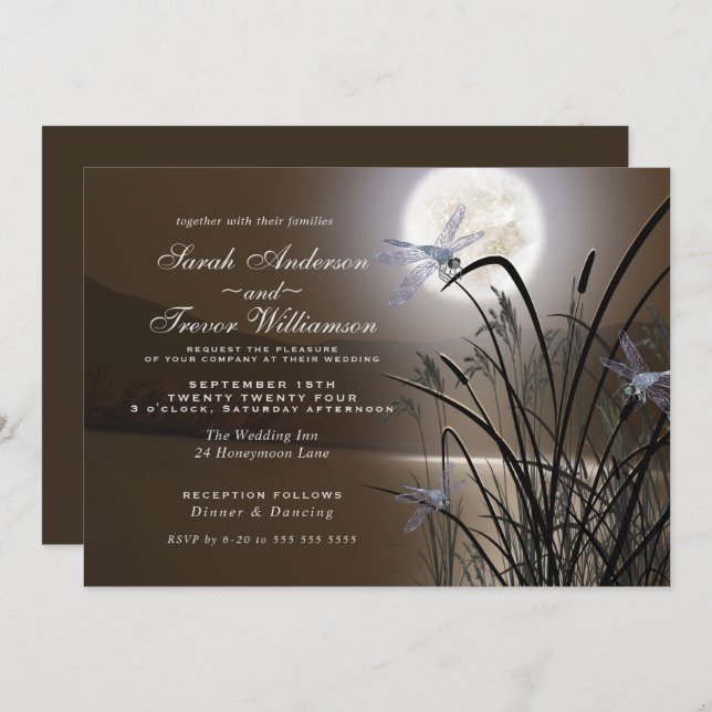 Invitation Soft Mocha Mariage Pleine lune Dragonfly Pond (Devant / Derrière)