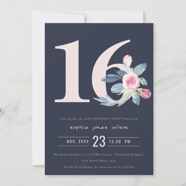 INVITATION SOFT NAVY BLUSH BLEU FLORAL 16E TOUT ÂGE ANNIVERSA (Devant)