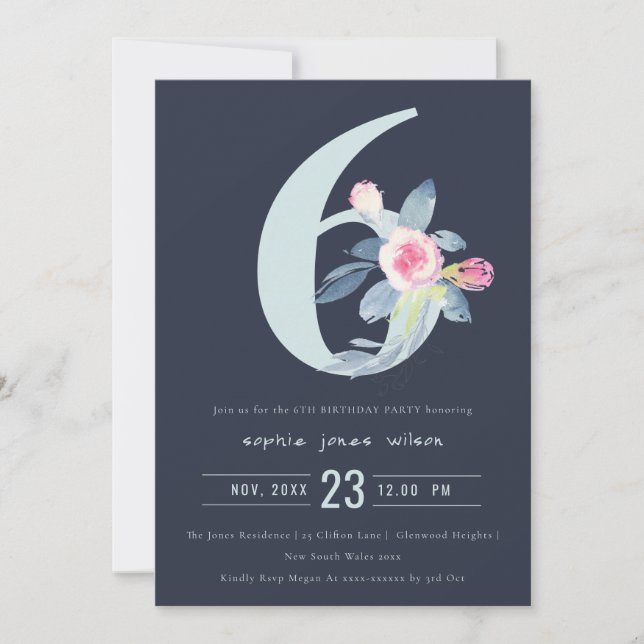 INVITATION SOFT NAVY BLUSH BLEU FLORAL 6E TOUT ÂGE ANNIVERSAI (Devant)