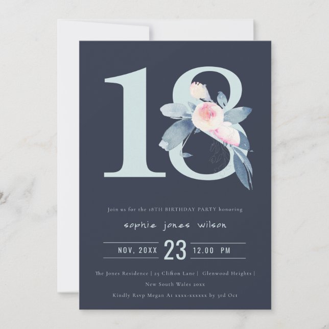 INVITATION SOFT NAVY BLUSH BLUE FLORAL 18E TOUT ÂGE ANNIVERSA (Devant)
