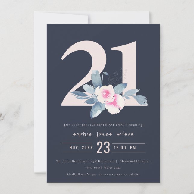 INVITATION SOFT NAVY BLUSH BLUE FLORAL 21E TOUT ÂGE ANNIVERSA (Devant)