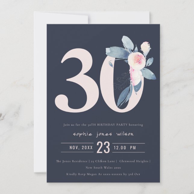 INVITATION SOFT NAVY BLUSH BLUE FLORAL 30E TOUT ÂGE ANNIVERSA (Devant)